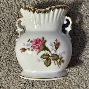 Elegant White and Gold Vase with Pink Floral Design